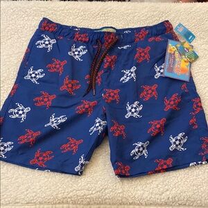 Blue Swim Shorts with Red and White Turtle Print